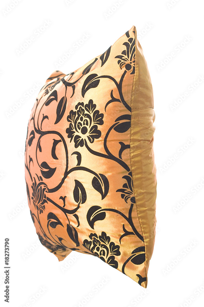 Golden silk pillow with black ornaments Golden silk pillow with black ornaments