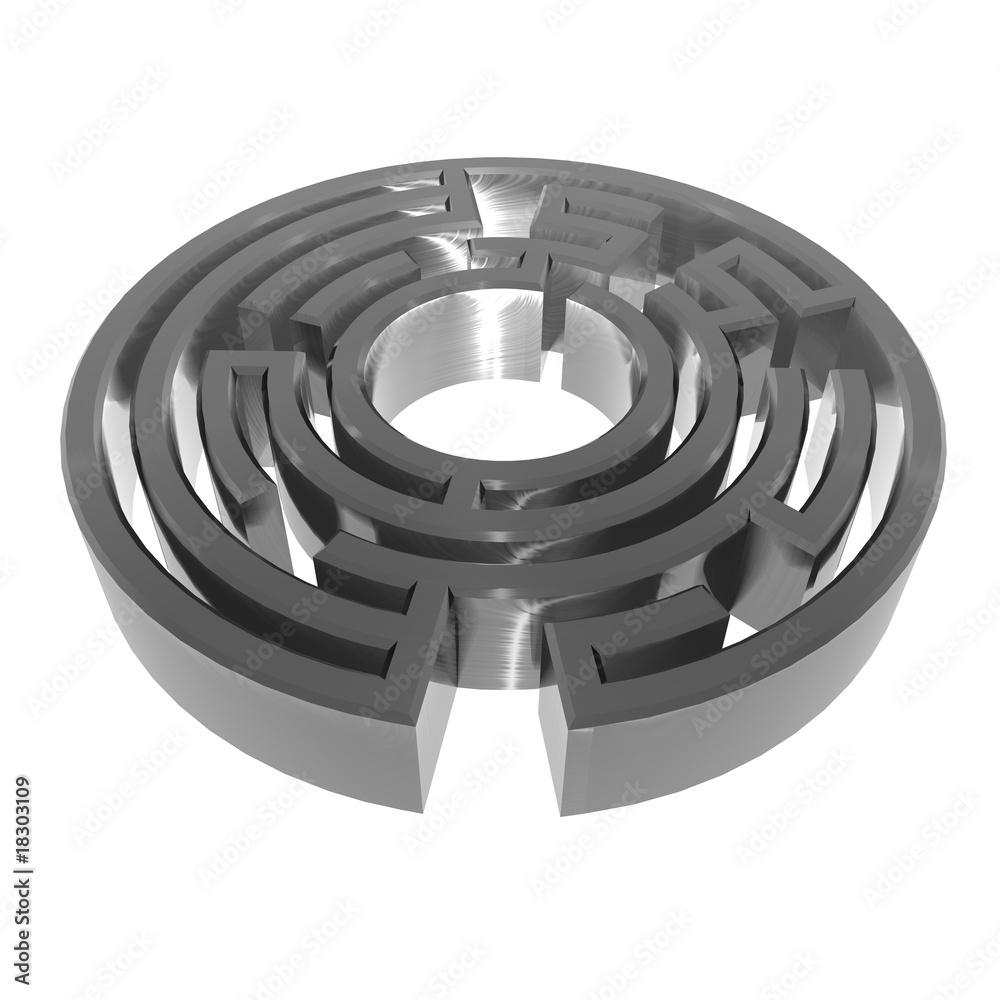 Metallic 3D maze object on white background Metallic 3D maze object on white background
