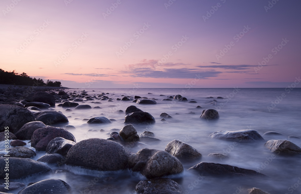 Twilight coast scene. Swedish coastline.