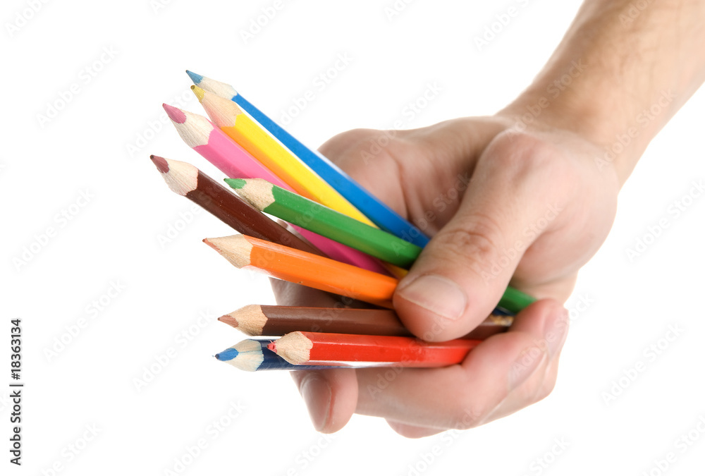 Naklejka premium Pencils in a hand isolated on a white background