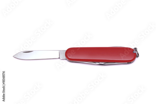 Swiss knife with red handle and open blade isolated