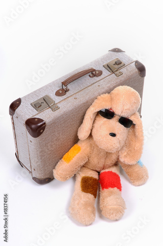 Teddy mit Sonnenbrille vor Koffer