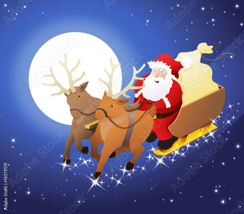 Père Noël sur son traineau au clair de lune