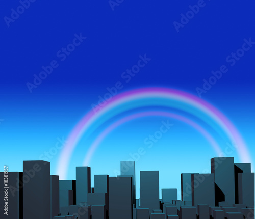 City and rainbow in blue sky