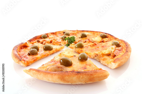 Tasty pizza with olives on white