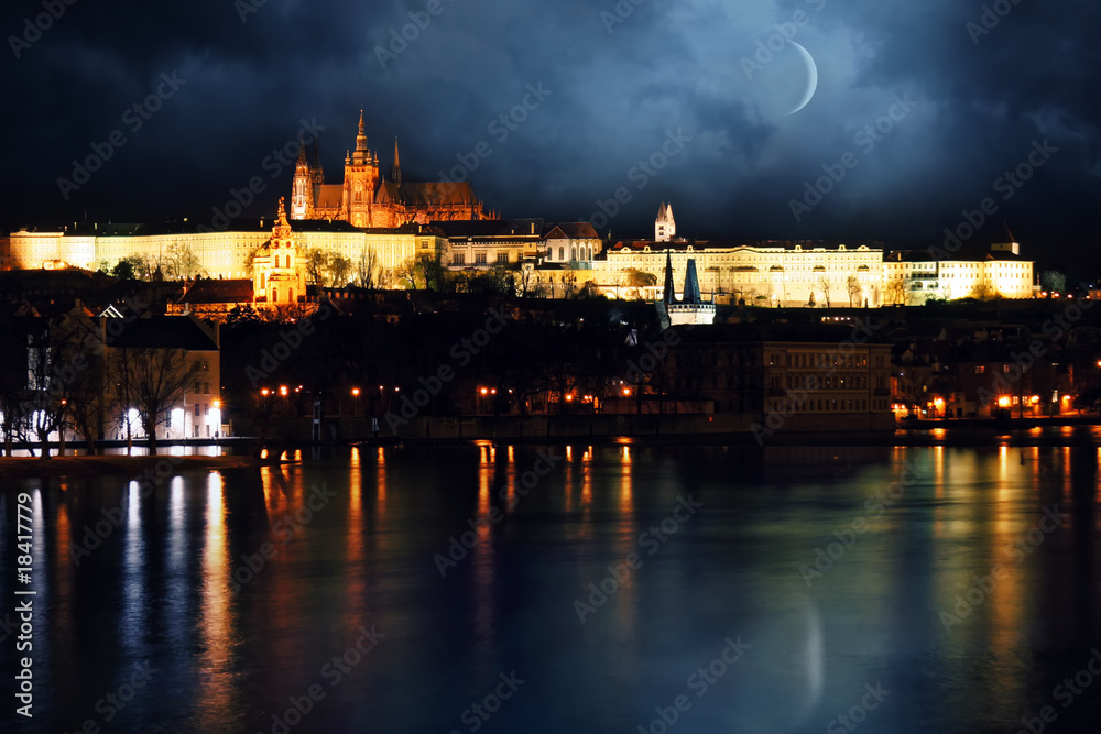 Night view on Vltava river whit Prague Castle