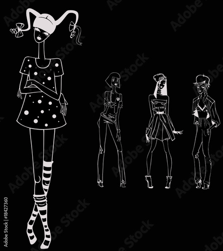 set of silhouettes of young beautiful girls on a background