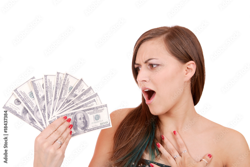 Attractive woman takes lot of 100 dollar bills Attractive woman takes lot of 100 dollar bills