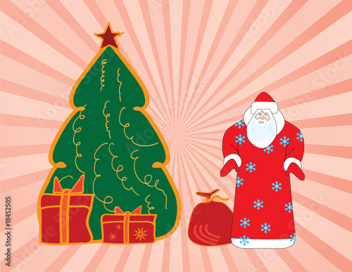 Celebratory christmas with Santa Clause, a fur-tree, gifts