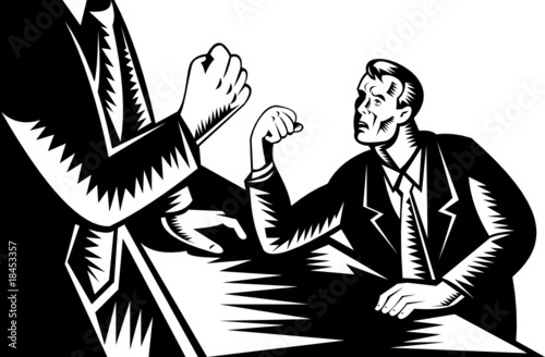 Scared man about to arm wrestler a giant