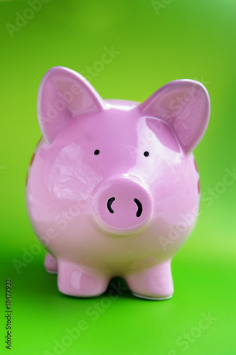pink piggy bank on a green background
