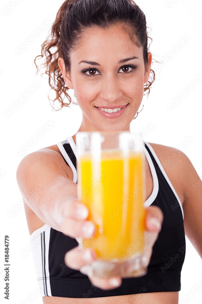 fitness girl showing a fresh juice,focus on girl fitness girl showing a fresh juice,focus on girl