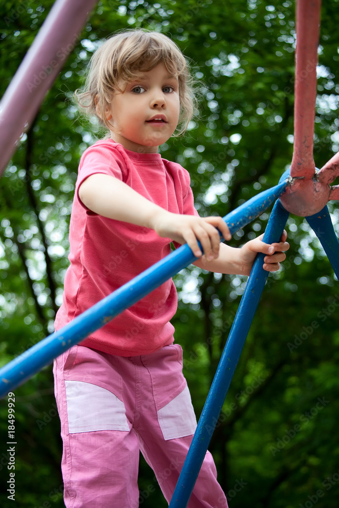 Little girl on pipes on playground