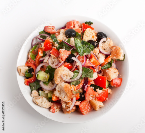 bowl of Panzanella bread salad on white background