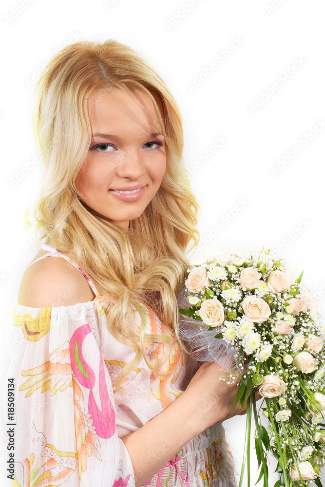 beautiful young girl with a bouquet of roses