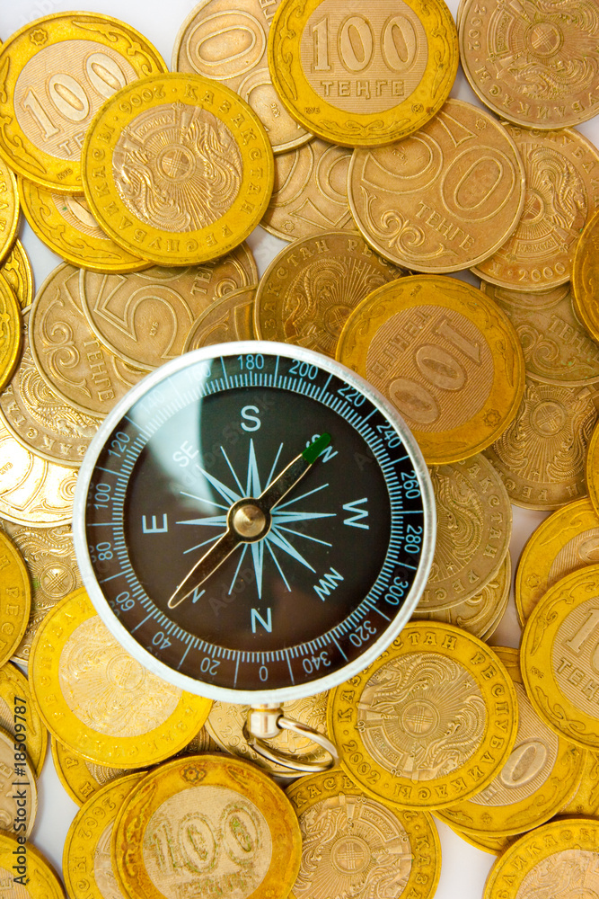 Concept - navigation on money world (kazakhstan coins)