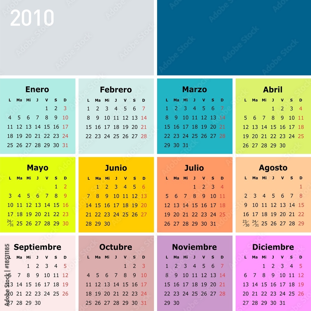 CALENDARIO 2010 EN ESPAÑOL Stock Vector | Adobe Stock