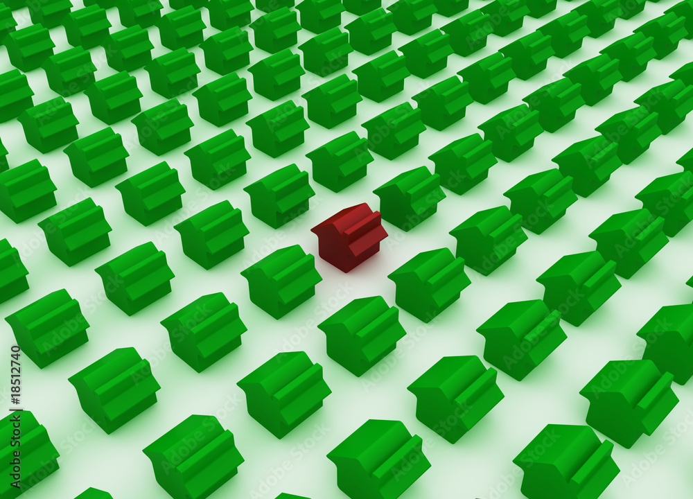 Fototapeta premium 3d Green house sign with one red house isolated on white