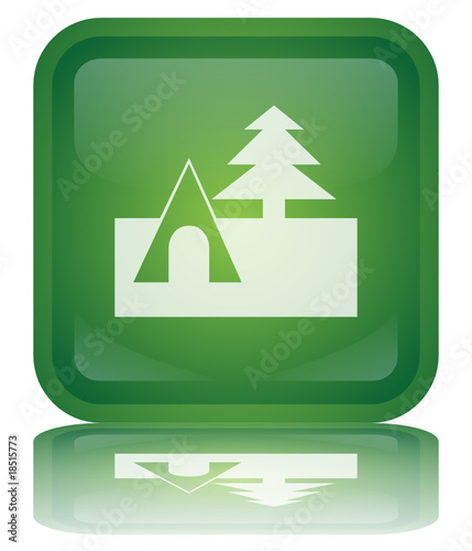" Camping - Campsite " Button (green - vector - reflection)
