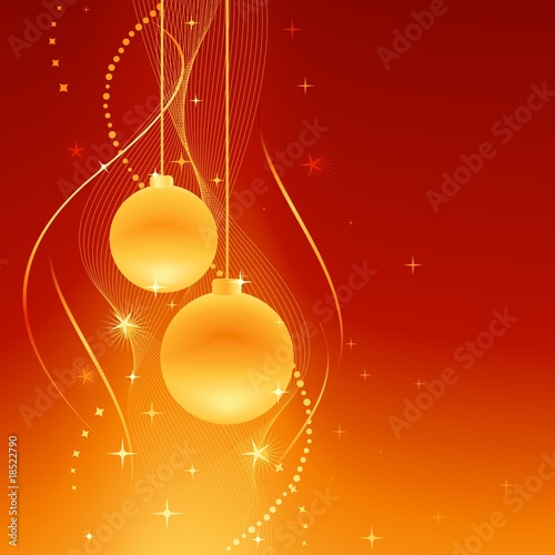 Golden baubles on festive red orange background