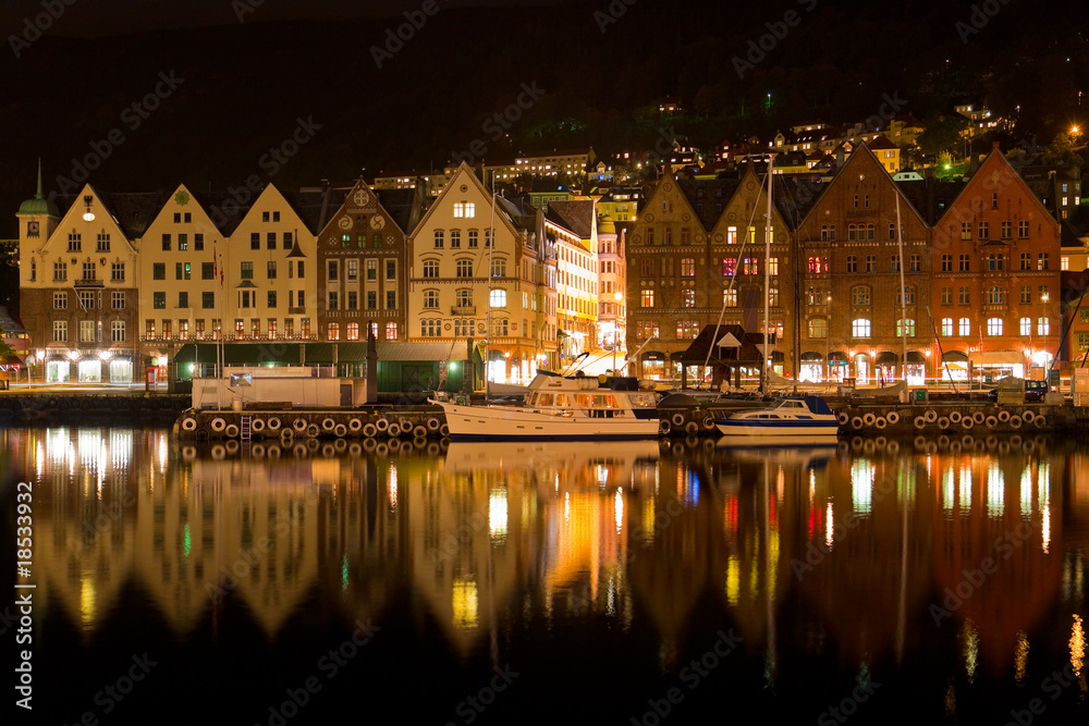Night panorama of Bergen, Norway