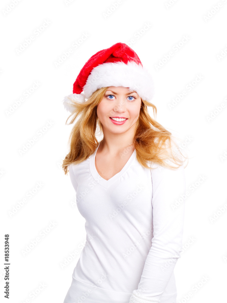 smiling blond woman in christmas cap over white background smiling blond woman in christmas cap over white background