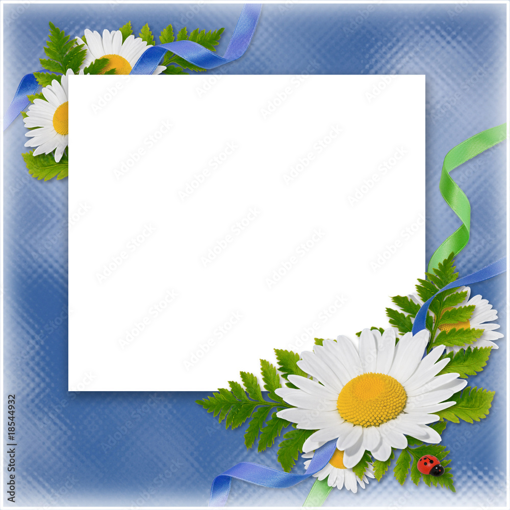 Obraz premium white frame with the bouquet of flowers and ribbons on the blue