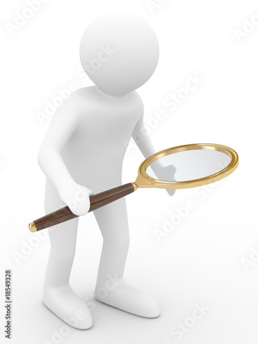 Man with magnifier on white...