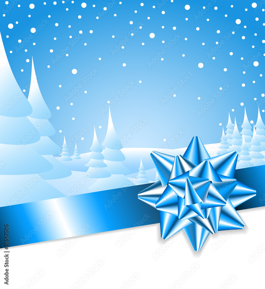 Obraz premium Ble ribbon with bow and Christmas landscape