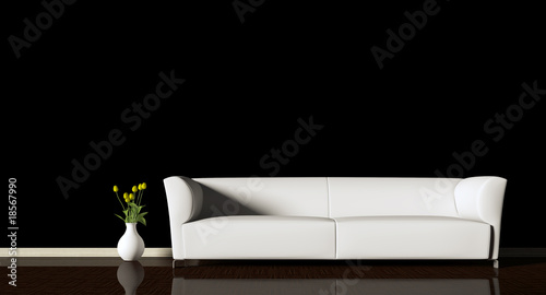 Modern interior with black wall and green tulips