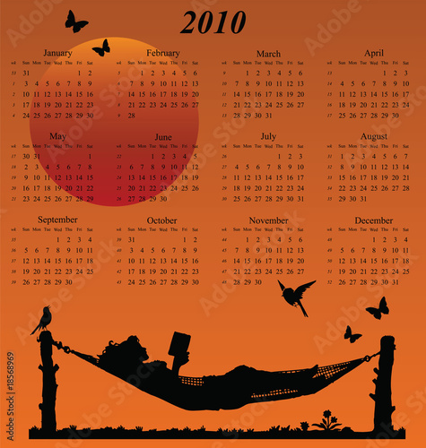 2010 calendar with woman reading in a hammock