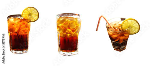 Three glasses of cola on white background