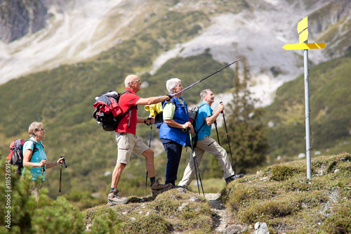 four senior hikers looking for the right way