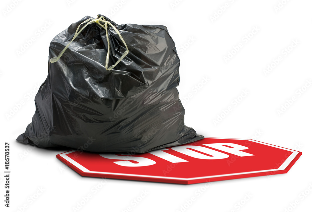 tri sélectif - panneau stop et sac poubelle plastique Stock Illustration