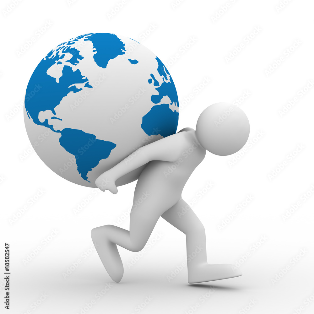 men carry globe on back. Isolated 3D image men carry globe on back. Isolated 3D image
