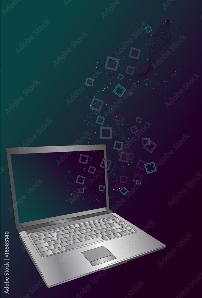 Laptop with flowing lines and square shapes