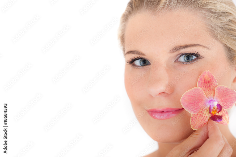 Young healthy woman with beautiful pure skin and flower Young healthy woman with beautiful pure skin and flower