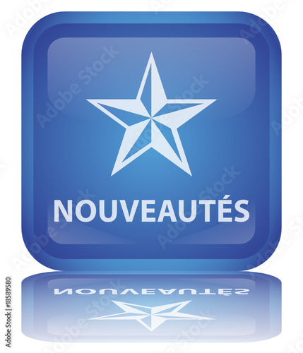 Bouton "Nouveautés" (carré - bleu - brillant - vecteur - reflet)