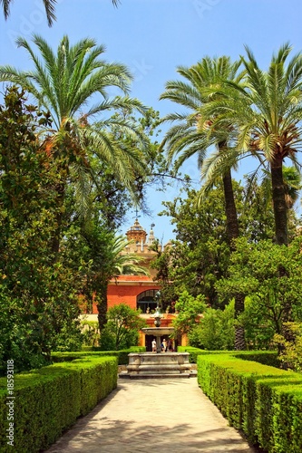 English gardens of the Alcazar Palace, Seville, Spain © sborisov