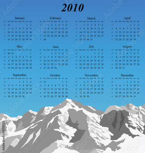 2010 calendar with snow capped mountain range