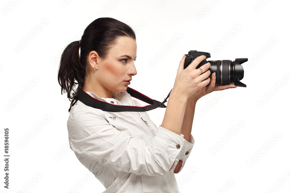 girl with the camera on a white