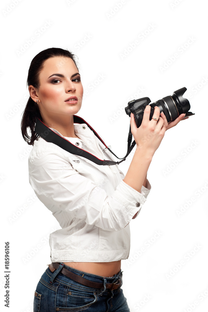 beautiful Girl with the camera on a white background beautiful Girl with the camera on a white background