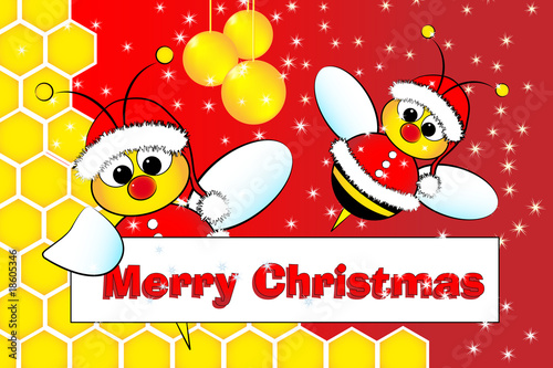 Christmas card with bees Santa Claus and beehive