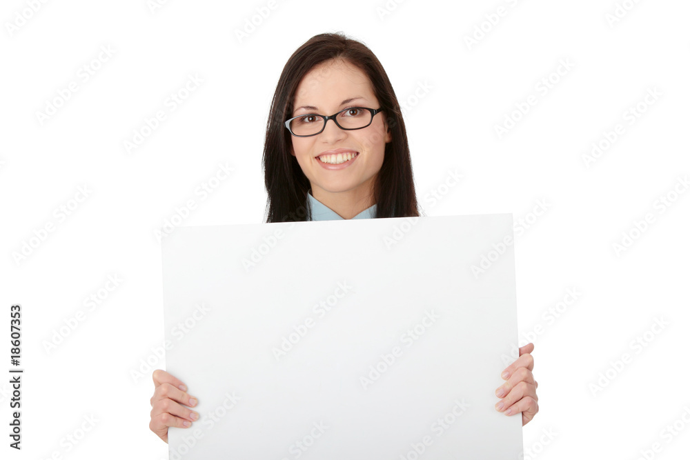 A pretty business woman holding a blank sign A pretty business woman holding a blank sign