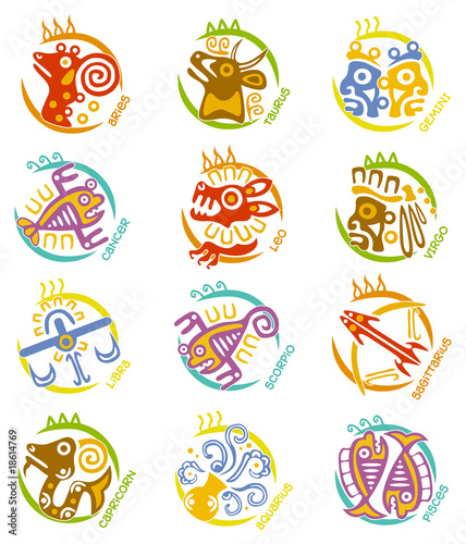 Maya art stylized zodiac signs