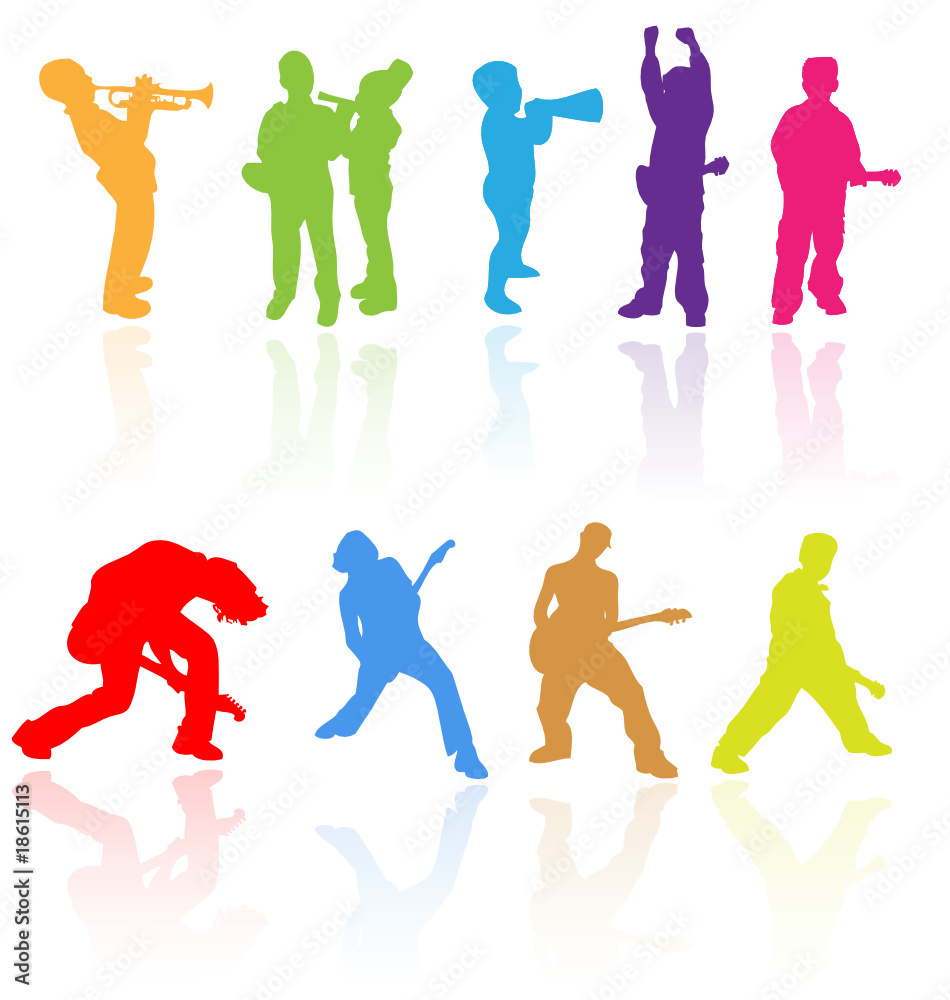 Vector silhouettes of children playing musical instruments.