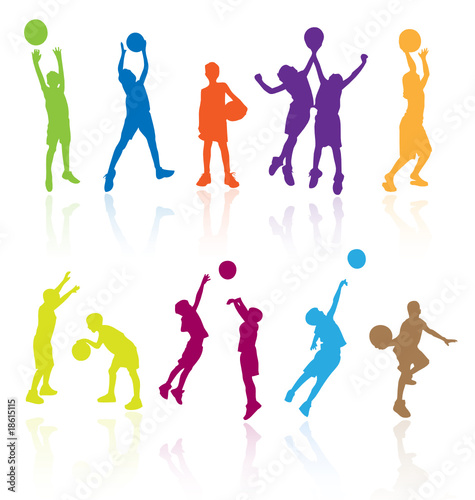 Silhouettes of children jumping and playing basketball.