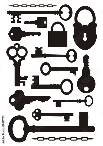 Vector set of keys and padlock silhouettes