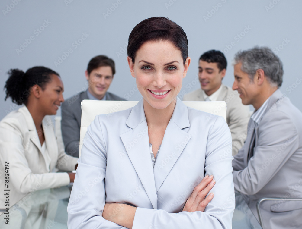 Close-up of happy businesswoman smiling in a meeting Close-up of happy businesswoman smiling in a meeting