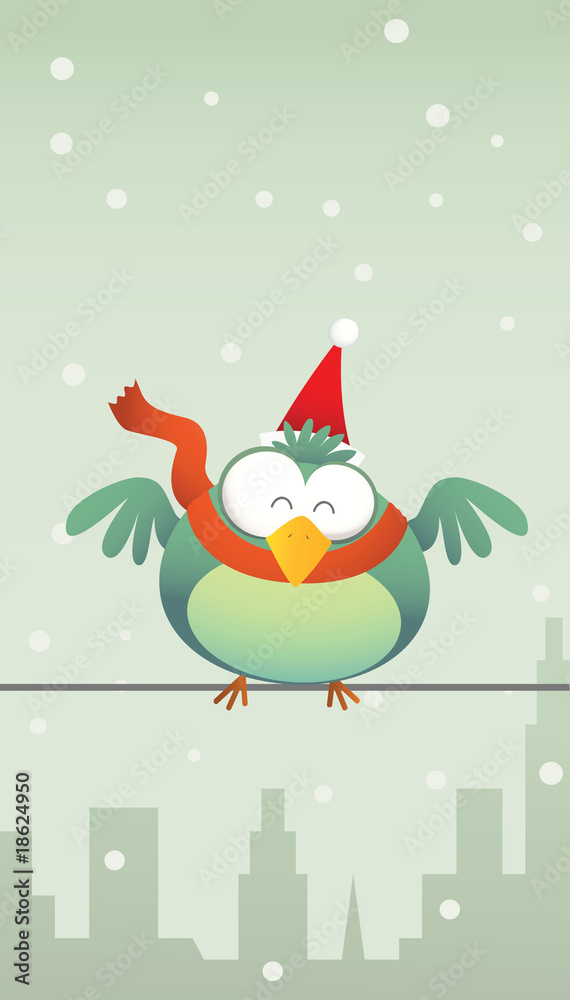 Green bird with santa hat